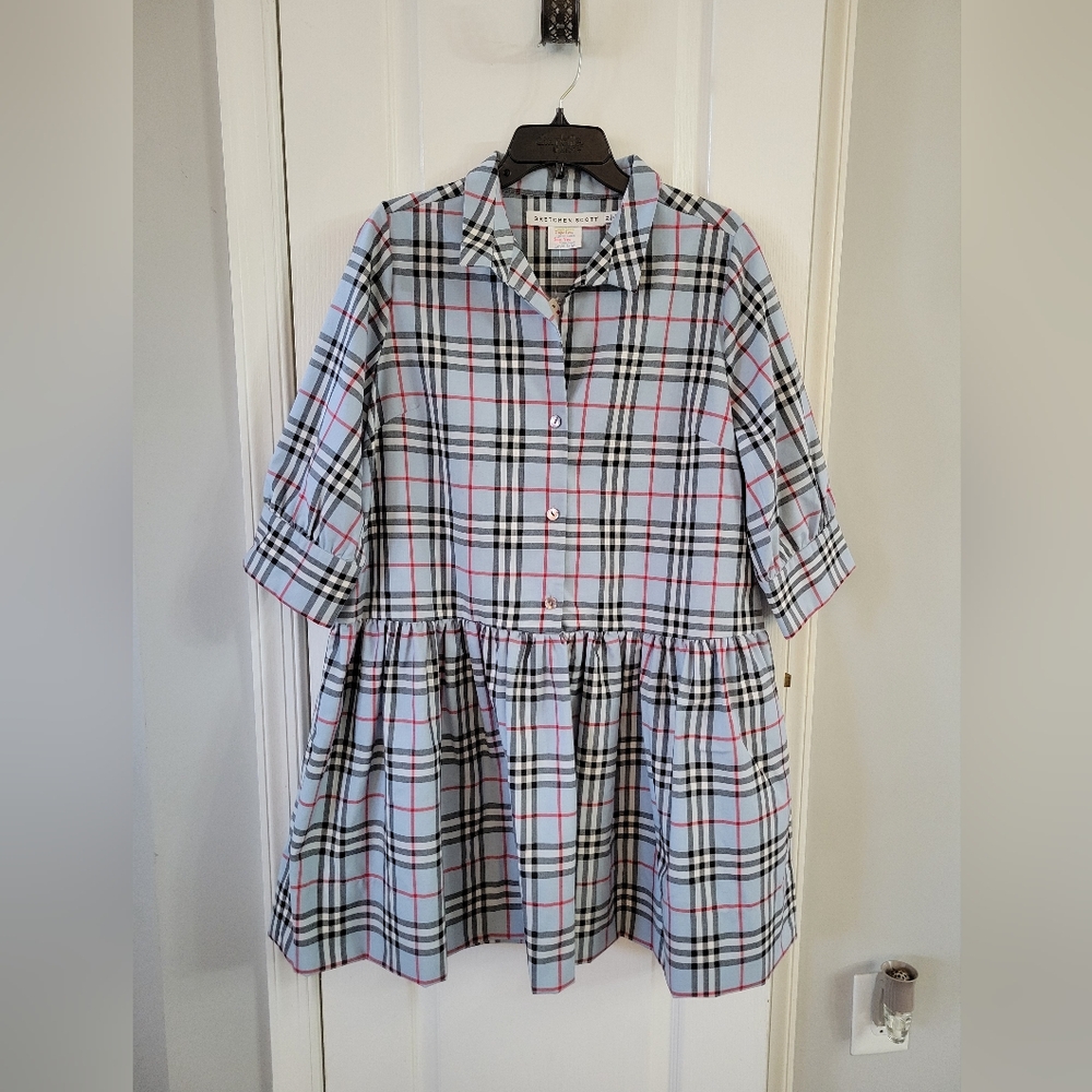 NWT Gretchen Scott Plaid So Sweet Mini Dress Pale Blue Size XL